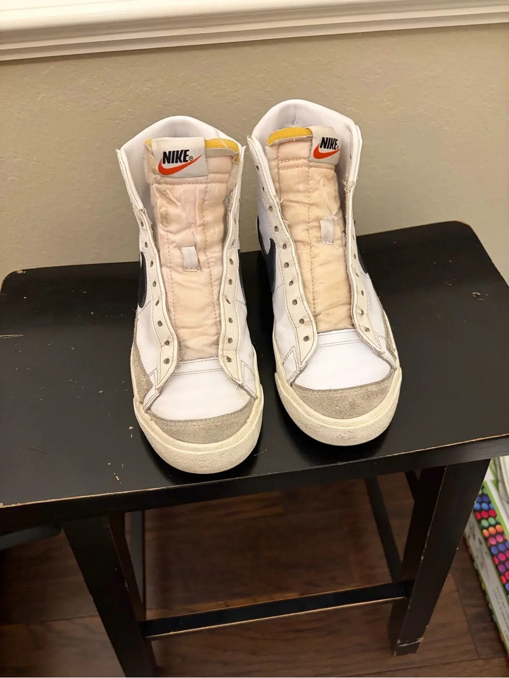 Nike White High-Top Sneakers with Black Swoosh and Tan Accents